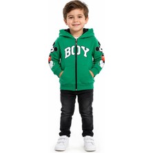 Erkek Çocuk Boy Yazılı Kapüşonu Kulaklı Kolları Resimli Yeşil Hırka