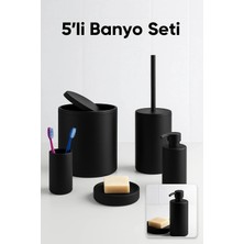 Gees Global 5 Parça Siyah Banyo Seti Yuvarlak Çöp Kovası Tuvalet Fırçası Sabunluk Fırçalık Modern