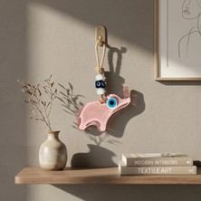 El Yapımı Hediyelik Dekoratif Nazar Boncuklu, Fil Figürlü Simli ve İpli 12 cm Cam Duvar Süsü