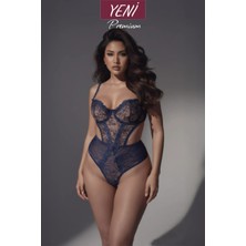 Valunor Dantelli Lacivert Plus Size Büyük Beden C Cup Balenli Bodysuit Kadın Seksi Iç Giyim