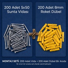 Aras Endüstri 200 Adet 5X50 Sunta Vidası ve 200 Adet 8mm Roket Dübel Montaj Seti