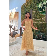 Neşeli Butik Kadın Sarı Ince Askılı Puantiye Desen Göğüs Drapeli Midi Boy Elbise NBMY4037