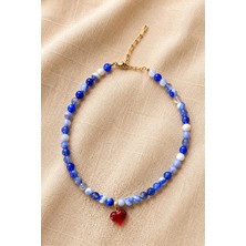 Sun Jewellery Mavi Doğal Taş Boncuklu Kalp Uçlu Kolye