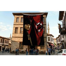 Punto Dizayn Türk Bayrağı Kalpaklı Atatürk Fotoğraflı Türkiye Bayrağı Poster Bayrak Premium Raşel Kumaş ATA46 10x15 Metre