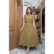 Neşeli Butik Kadın Yeşil Omuz Vatkalı Midi Boy Kemer Detaylı Elbise NBMY4066
