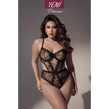 Valunor Dantelli Siyah Plus Size Büyük Beden C Cup Balenli Bodysuit Kadın Seksi Iç Giyim