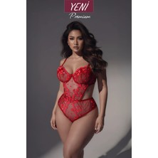 Valunor Love Kırmızı Plus Size Büyük Beden C Cup Kalp Desenli Balenli Bodysuit