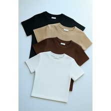 Öz Pamuk Kadın 4lü Adet Siyah Fitilli Bisiklet Yaka Kaşkorse Crop T-Shirt