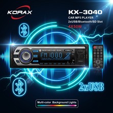 Korax KX-3040 Bluetooth Çift USB Girişli Rgb Çok Renkli Oto Teyp 4 x 50 W  / Microsd / Aux