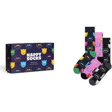 Happy Socks Kadın Çok Renkli Kedi Desenli Pamuklu 3’lü Çorap Seti XMJA08-0150
