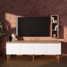 Bimossa G4110 Terra Duvar Raflı 180 cm Tv Ünitesi, Sepet-Beyaz Yüksek Ayaklı 4 Kapaklı Televizyon Sehpası