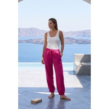 Lupinn Kadın Fuşya Bağcıklı Rahat Pantolon Beli Lastikli Yazlık Hafif Kumaş Günlük Casual Palazzo Pantolon