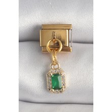 Rafiel 316L Çelik Gold Renk Sallantı Kare Yeşil Zirkon Taşlı Nomination Charm