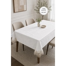 Evien Home Kadife Lüks Dantelli Masa Örtüsü Güpürlü Tek Parça Arya Krem