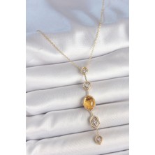 Rafiel Pirinç Zincir Kehribar Sarı Gold Renk  Zirkon Taşlı Y Kolye