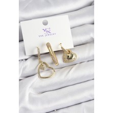 Rafiel Pirinç Zirkon Taşlı Kalp Model Gold Renk 3'lü Kadın Küpe