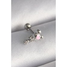 Rafiel 316L Çelik Gümüş Renk Zirkon Taş Detay Pembe Kalp Işleme Tragus Piercing