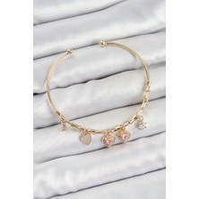 Rafiel Pirinç Zirkon Taşlı Pembe Kalp Model Gold Renk Charm Bileklik