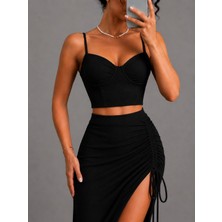 Espoir Plus Askılı Bluz Ayarlanabilir Yırtmaçlı Uzun Etek Crop-Etek Takım