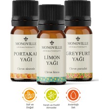 Monoville Limon Yağı 10 ml, Portakal Yağı 10 ml, Greyfurt Yağı 10 ml 3'lü Set Saf ve Doğal 3x10 ml