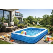 Byanes 210X150X55 cm Şişme Aile Havuzu Mavi Renkli Premium Bahçe ve Balkon Kullanımı İçin