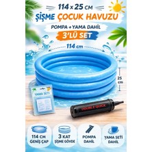 Byanes 114X25 cm Mavi Şişme Çocuk Havuzu Seti – Pompa ve Yama Dahil 3’lü Set