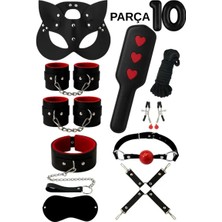 Byanes 10 Parça Fantazi Seti | Kırmızı Peluş Iç Yüzeyli Kelepçe, Maske, Paddle, Ip ve Aksesuarlar