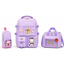 Quovo Kawaii Kore Tarzı Full Aksesuarlı Yerli Günlük Okul Çantası Kız Erkek Beslenme Kalemlik Çanta Seti