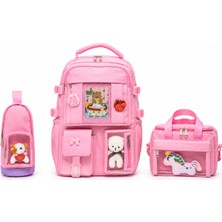 Quovo Kawaii Kore Tarzı Full Aksesuarlı Yerli Günlük Okul Çantası Kız Erkek Beslenme Kalemlik Çanta Seti