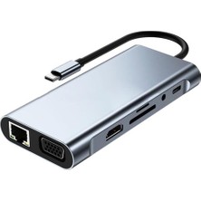 Livizmir Moda 10 In 1 Type-C To USB Hub HDMI (4k),audio/, Type-C/, 4x USB 3.0/, Lan/, Vga/, Sd Card Reader Çevirici Hub 10 Port Adaptör Dönüştürücü Çoklayıcı