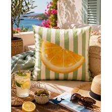 Orcadeco Limon Desenli Çizgili Dekoratif Kırlent Kılıfı 45X45 cm Yeşil Beyaz Yazlık Modern Yastık Kılıfı