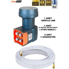 25 Metre Uydu Kablosu Dörtlü Çıkış 4K Full Hd 3D 4 Lü Lnb F Konnektör Pokesat