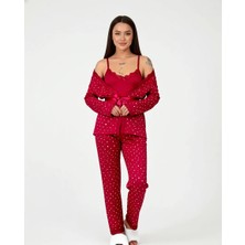 Pijama Evi Bordo Mini Yıldız Desenli Bambu Sabahlıklı Kadın Pijama Takımı