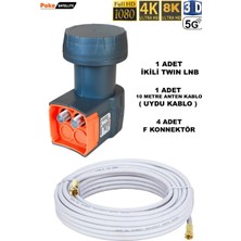 10 Metre Uydu Kablosu Ikili Çıkış 4K Full Hd 3D 2 Li Twin Lnb F Konnektör Pokesat