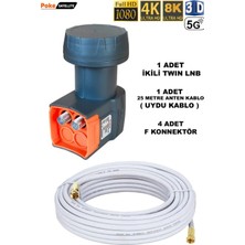 25 Metre Uydu Kablosu Ikili Çıkış 4K Full Hd 3D 2 Li Twin Lnb F Konnektör Pokesat