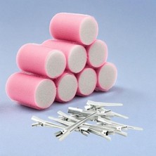Frefly Store Pembe Cırtlı Sünger Bigudi Seti - 8 Adet + 12 Adet Alüminyum Saç Pensi