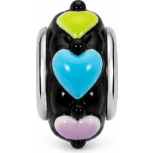 Poseidons Jewellery Tasarım Pop Hearts Collection – Siyah Cam Üzerine Renkli Kalp Murano Charm