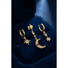Gold Renk 3 Lü Ay ve Yıldız Model Küpe
