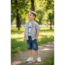 Erca Home Tekstil Ürünleri Kot Şortlu Tişört Gömlek Yazlık Üçlü Takım 4y,5y,6y Erkek Gri