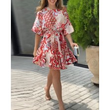 Defy Moda Kadın Kısa Balon Kollu Yuvarlak Yakalı Pileli Desenli Mini Elbise