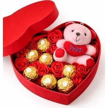 Frefly Store Sevgiliye Hediye, Kırmızı Kalp Kutu Içinde Ferrero Rocher Çikolata, Çiçekler ve Sevimli Ayıcık, Yıldönümü & Doğum Günü Hediyesi