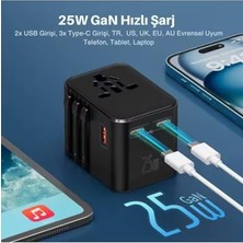 Frefly Store Universal Seyahat Adaptörü, 25W Gan Hızlı Şarj, 2x Usb-C + 1x Usb-A, Universal Travel Adapter, Priz Dönüştürücü, 200+ Ülke Uyumlu, Çoklu Cihaz Şarj, Kompakt Tasarım