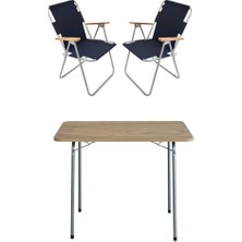 Frefly Store 60X80 Çam Katlanır Masa + 2 Adet Katlanır Sandalye Kamp Seti Bahçe Balkon Takımı Lacivert