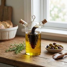 Frefly Store Deconox 2'si 1 Arada Cam Yağlık ve Sirkelik - Iç Içe Geçmeli Çift Hazneli Dekoratif Sosluk - Mantar Kapaklı Zeytinyağı ve Sirke Şişesi (240ML + 60ML)