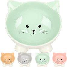Frefly Store Fl Puzı Kedi Kulaklı Desenli Seramik  ve Su Kabı, 125ML, Yeşil