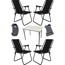 Frefly Store Litea 4 Adet Kamp Sandalyesi Katlanır Piknik Sandalye ve Bardaklık Siyah + Katlanır Mdf Masa Siyah Tek Ebat