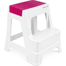 Frefly Store Iki Basamaklı Kaymaz Büyük Boy Beyaz Tabure - 150 kg Taşıma Kapasiteli - Basamaklı Tabure - Basamak Gri-Beyaz (Fuşya)