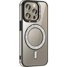 Ahlttiba Apple iPhone 15 Pro Max Uyumlu Kılıf Pırlanta Taş Tasarımlı M-Safe Şarj Karetta Silikon Kapak