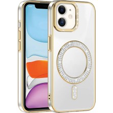 Ahlttiba Apple iPhone 12 Için Uyumlu Kılıf Pırlanta Taş Tasarımlı M-Safe Şarj Özellikli Karetta Silikon Kapak