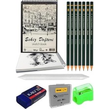 Frefly Store A4 120 gr Eskiz Defteri Telli 7 Adet Dereceli Kalem Çizim Seti Pastel Dağıtma Silgi Karakalem Eskiz Seti Kalemtraş